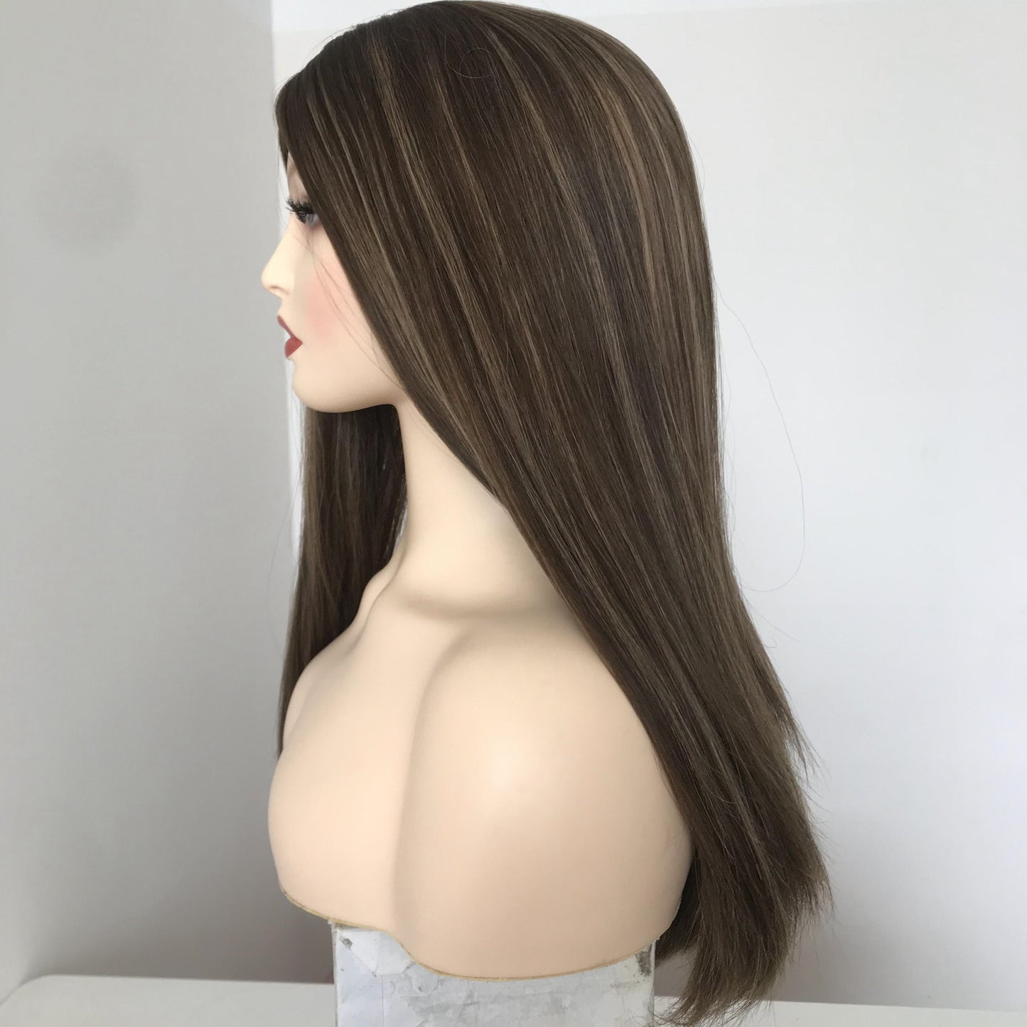 Stock European Chestnut Brown with HL Straight with Wave Small Layer Silk Top Jewish Wig