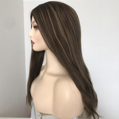 Stock European Chestnut Brown with HL Straight with Wave Small Layer Silk Top Jewish Wig