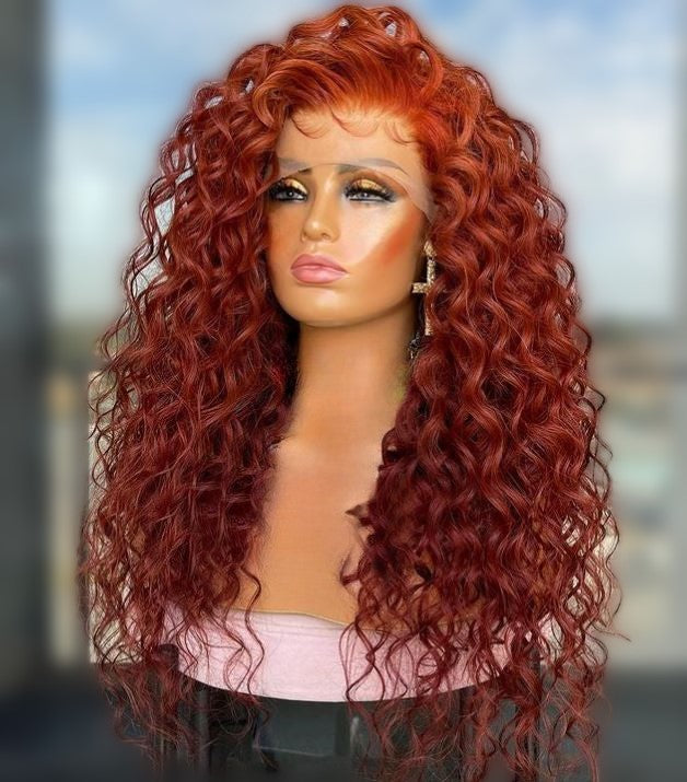 Custom Full Lace Brazilian Red Curly Human Hair Wig