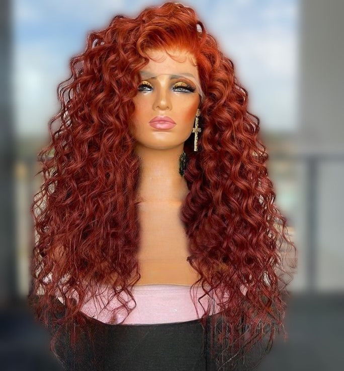 Custom Full Lace Brazilian Red Curly Human Hair Wig