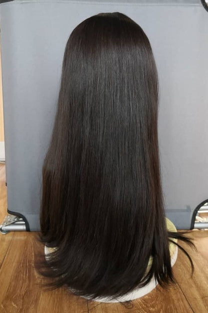 Stock European Natural Color #2 Straight Light Layer Human Hair Jüdische Perücke 26" mit Seidenoberteil