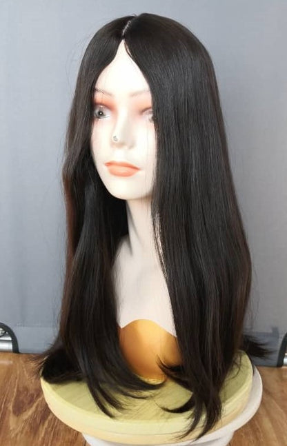 Stock European Natural Color #2 Straight Slight Layer Silk Top Jewish Wig