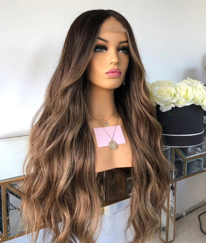 Custom Full Lace European Brown Balayage Wavy Double Drawn Human Hair Wig