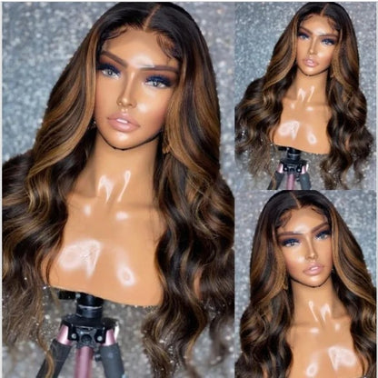 Stock Lace Front Brazilian #1B/30 Balayage mit Dark Roots Body Wave Blonde Highlights Echthaar Perücken 14-26" 150% Dichte