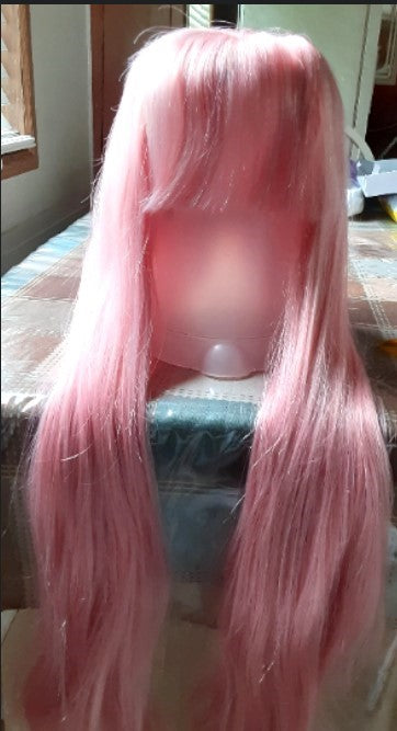 Custom Full lace Glueless European Pink Straight Double Drawn Human Hair Fringe Wig