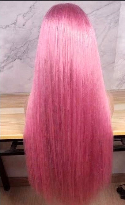 Custom Full lace Glueless European Pink Straight Double Drawn Human Hair Fringe Wig