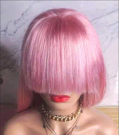 Custom Full lace Glueless European Pink Straight Double Drawn Human Hair Fringe Wig