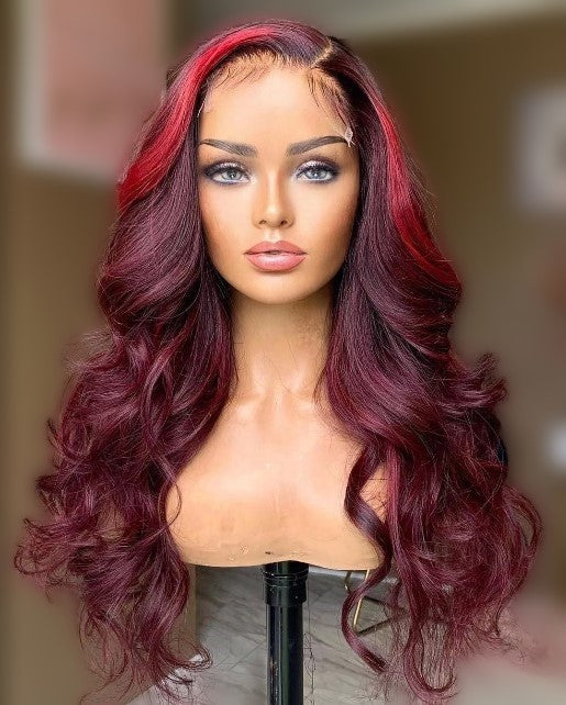 Stock 13 x 4" Lace Front Brasilianer 99j/Dunkelrosa Highlights Body Curl Echthaarperücke 20"-24" 180% Dichte