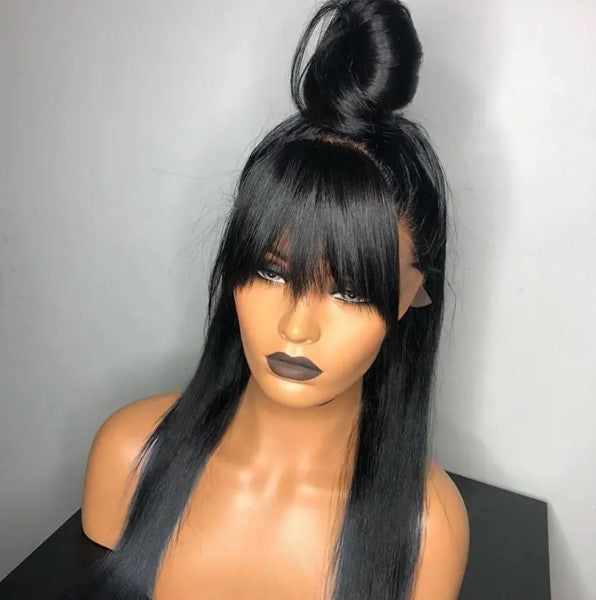 Stock 360 Degree Brazilian Natural Black Straight Human Hair Wigs with Bang