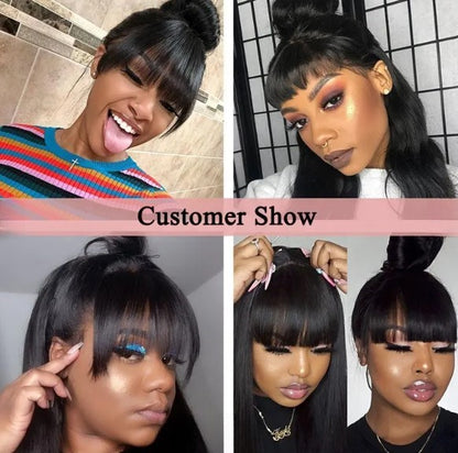 Stock 360 Degree Brazilian Natural Black Straight Human Hair Wigs with Bang