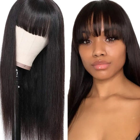 Stock 360 Degree Brazilian Natural Black Straight Human Hair Wigs with Bang