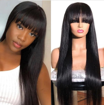 Stock 360 Degree Brazilian Natural Black Straight Human Hair Wigs with Bang