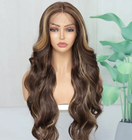 T-Part Lace Front Synthetic Brown with Blonde HL Heat Resistant Wavy Wig