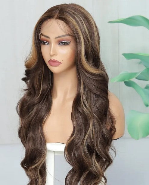 T-Part Lace Front Synthetic Brown with Blonde HL Heat Resistant Wavy Wig