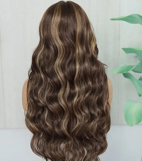 T-Part Lace Front Synthetic Brown with Blonde HL Heat Resistant Wavy Wig