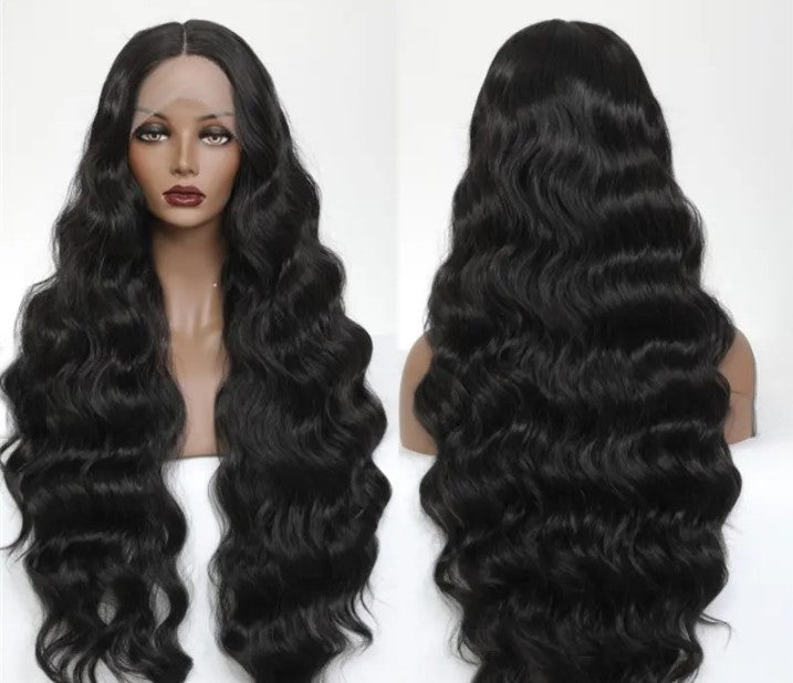 T-Part Lace Front Synthetic Black Long Deep Wave Heat Resistant Wavy Wig