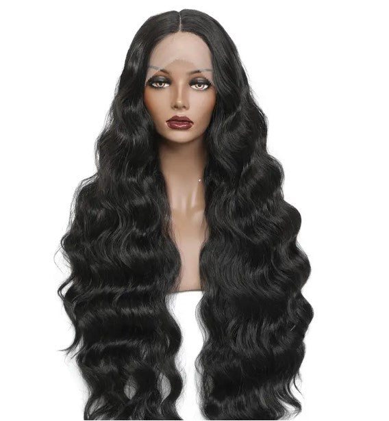 T-Part Lace Front Synthetic Black Long Deep Wave Heat Resistant Wavy Wig