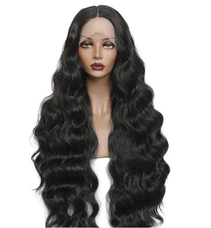 T-Part Lace Front Synthetic Black Long Deep Wave Heat Resistant Wavy Wig