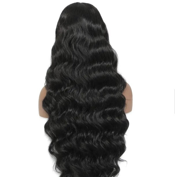 T-Part Lace Front Synthetic Black Long Deep Wave Heat Resistant Wavy Wig