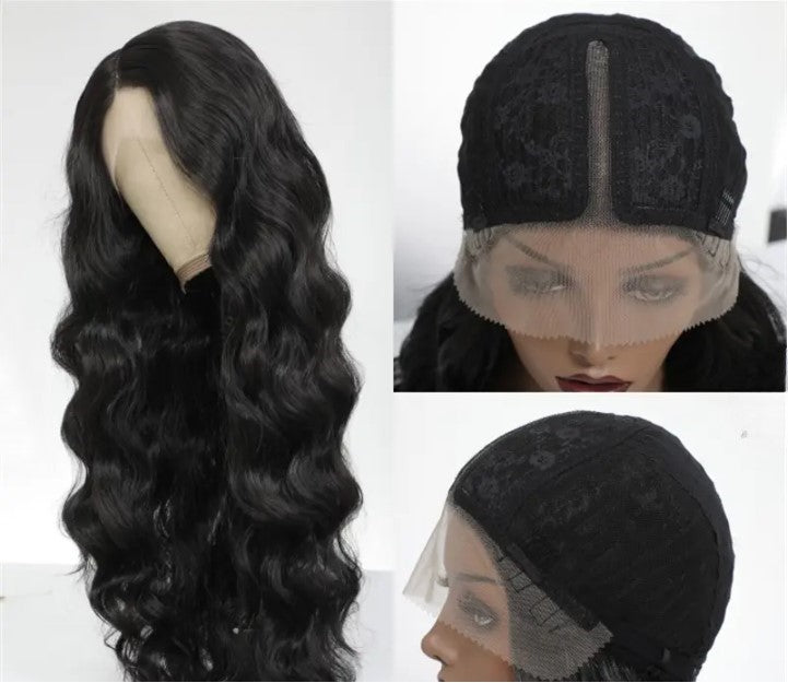 T-Part Lace Front Synthetic Black Long Deep Wave Heat Resistant Wavy Wig