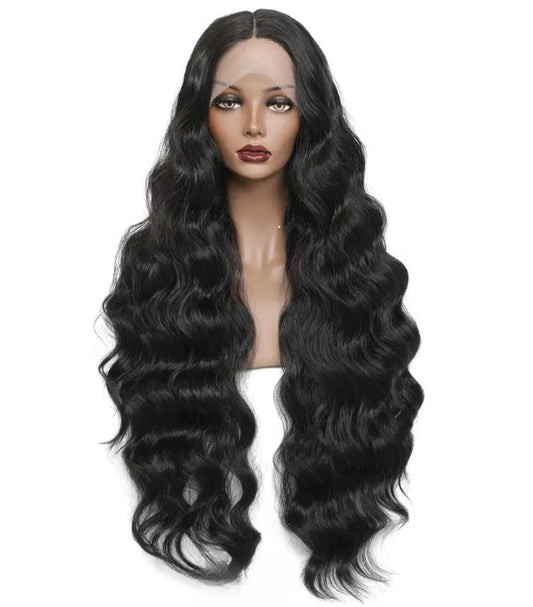 T-Part Lace Front Synthetic Black Long Deep Wave Heat Resistant Wavy Wig