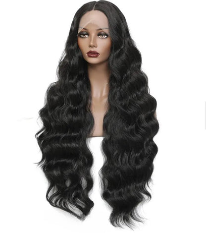 T-Part Lace Front Synthetic Black Long Deep Wave Heat Resistant Wavy Wig