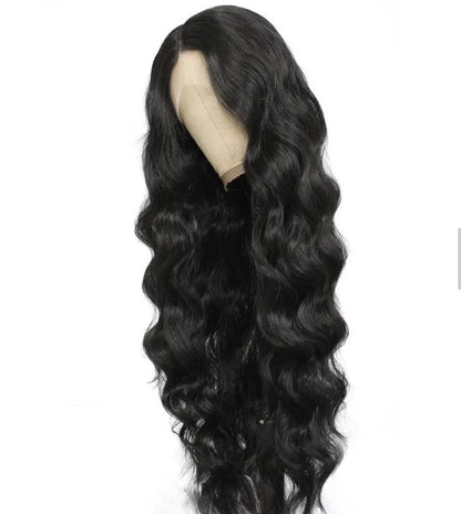 T-Part Lace Front Synthetic Black Long Deep Wave Heat Resistant Wavy Wig