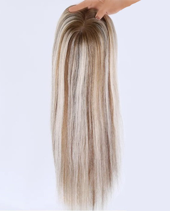 Stock European Brown Balayage Natural Straight Double Drawn Human Hair Topper 18" with Silk Top 130% Density