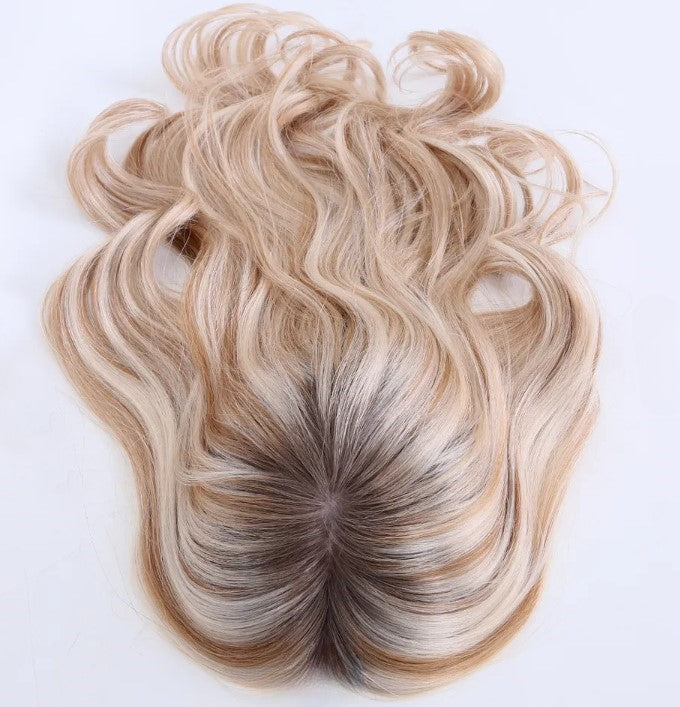 Stock European #T7/white mixed T7/60 Ombre Natural Straight Double Drawn Human Hair Topper 18" med silketopp 130 % tetthet