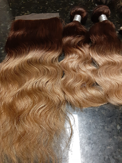 Stock European Brown Ombre Wavy Human Hair Silk Top Closure Bundle