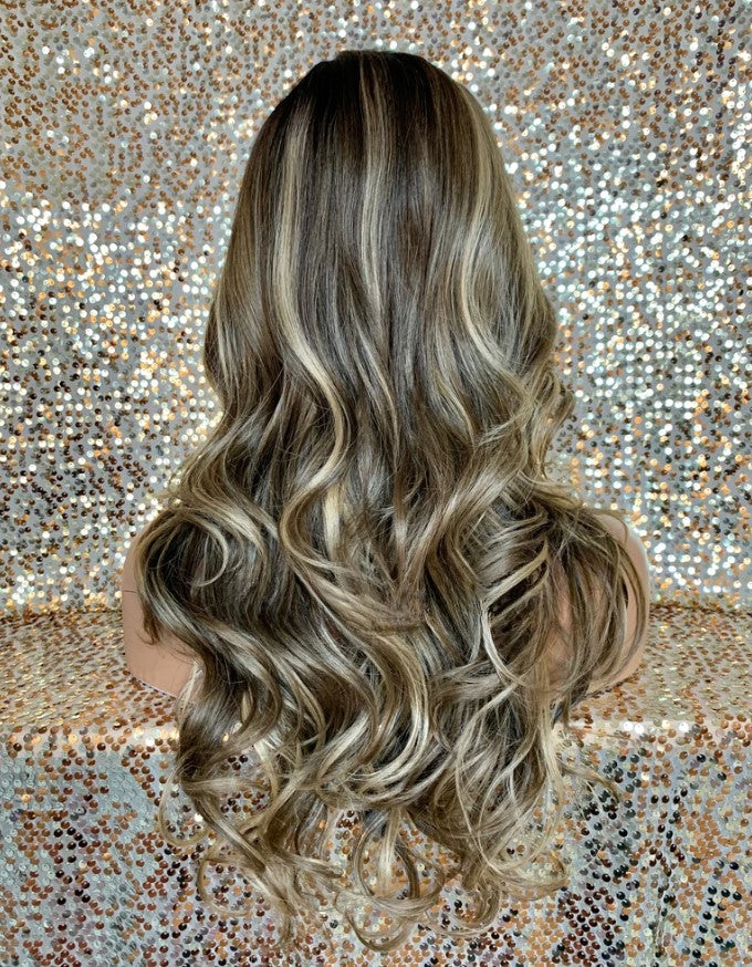 Stock Lace Front Ombre Synthetic Wig with Blonde Balayage Highlights