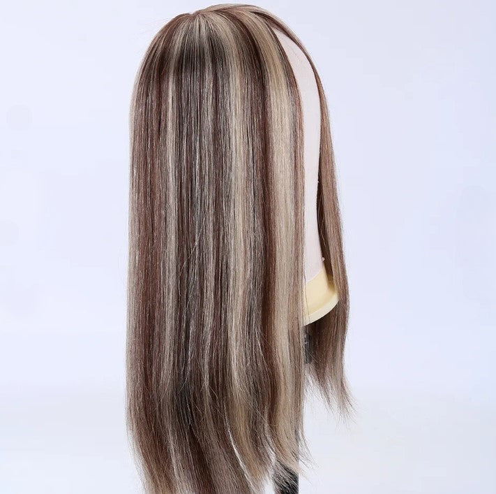 Stock European Brown Balayage Natural Straight Double Drawn Human Hair Topper 18" with Silk Top 130% Density