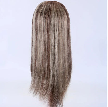 Stock European Brown Balayage Natural Straight Double Drawn Human Hair Topper 18" with Silk Top 130% Density