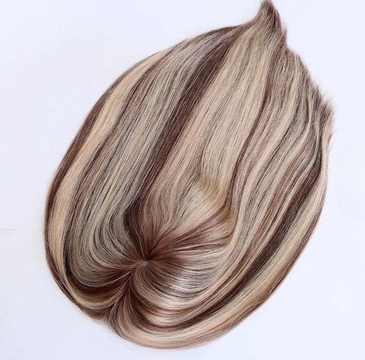 Stock European Brown Balayage Natural Straight Double Drawn Human Hair Topper 18" with Silk Top 130% Density