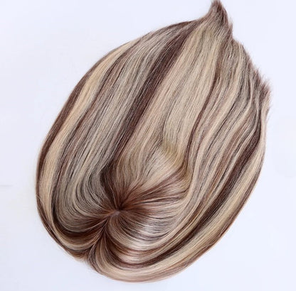 Stock European Brown Balayage Natural Straight Double Drawn Human Hair Silk Topper