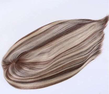 Stock European Brown Balayage Natural Straight Double Drawn Human Hair Topper 18" with Silk Top 130% Density