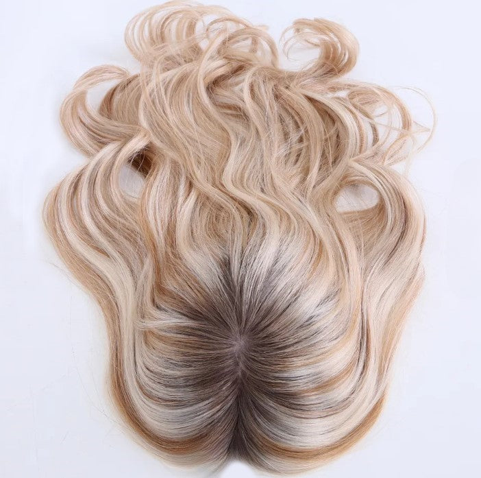 Stock European #T7/white mixed T7/60 Ombre Natural Straight Double Drawn Human Hair Topper 18" med silketopp 130 % tetthet