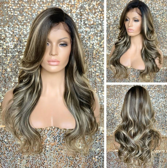 Stock Lace Front Ombre Synthetic Wig with Blonde Balayage Highlights