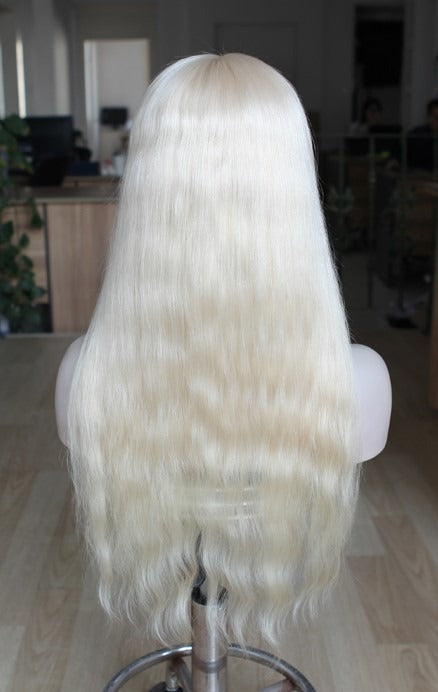 Custom Full Lace European Platinum Blonde Straight Human Hair Silk Top Wigs