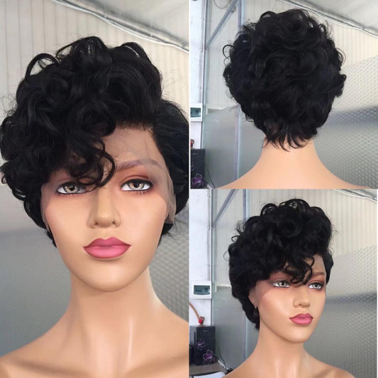 Stock Lace Front Brazilian Natural Black Natural Wave Human Hair Pixie Wig