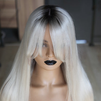 Custom Full Lace European White Ombre Straight Human Hair Silk Top Wig with Front Bang