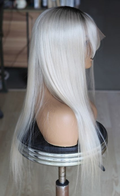 Custom Full Lace European White Ombre Straight Human Hair Silk Top Wig with Front Bang