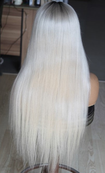 Custom Full Lace European White Ombre Straight Human Hair Silk Top Wig with Front Bang