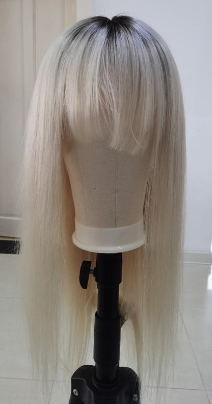 Custom Full Lace European White Ombre Straight Human Hair Silk Top Wig with Front Bang