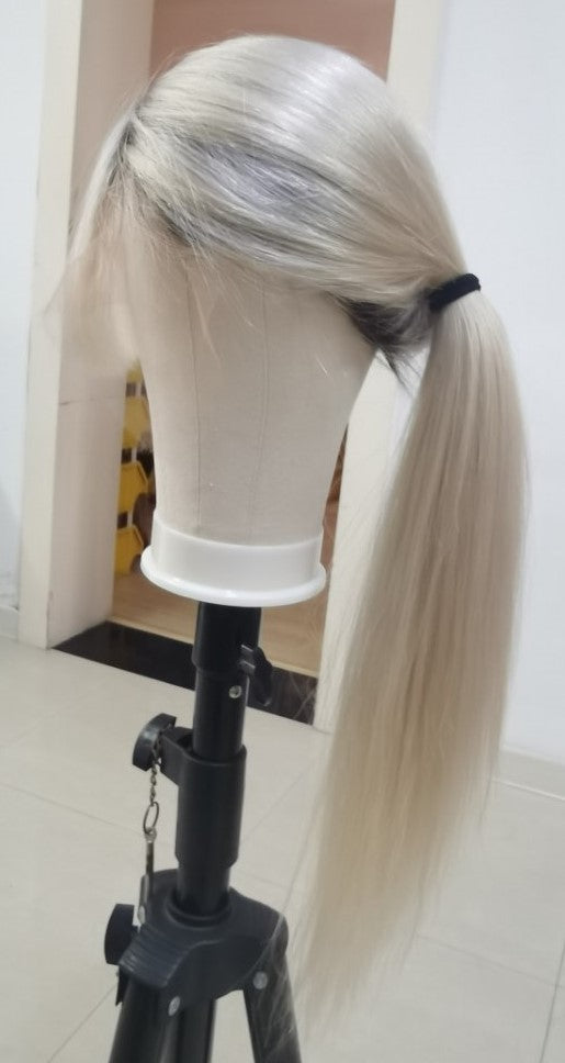 Custom Full Lace European White Ombre Straight Human Hair Silk Top Wig with Front Bang