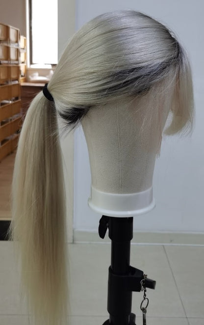 Custom Full Lace European White Ombre Straight Human Hair Silk Top Wig with Front Bang