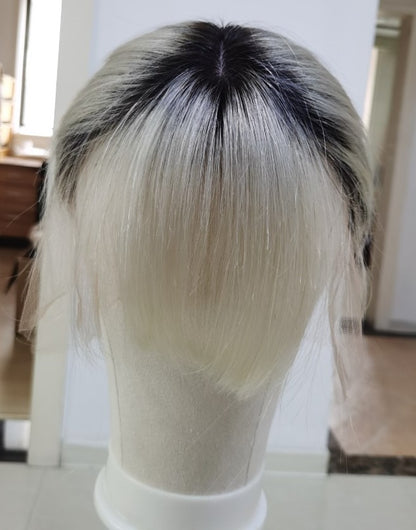 Custom Full Lace European White Ombre Straight Human Hair Silk Top Wig with Front Bang