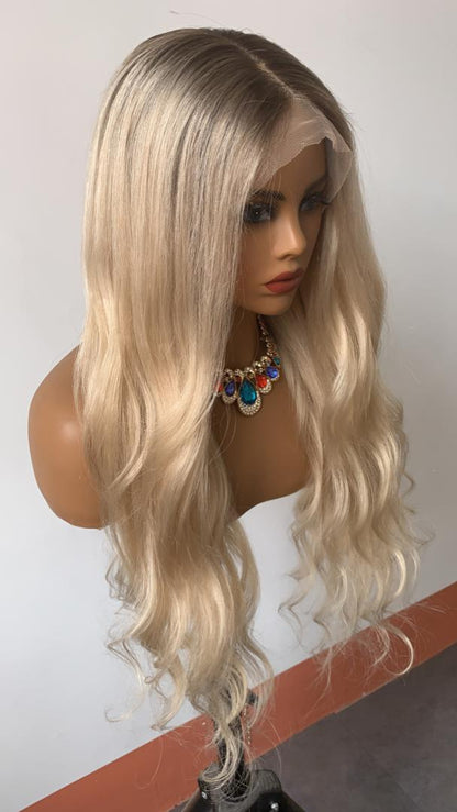 Custom Full Lace Glueless European Blonde Ombre Wavy Human Hair Wig