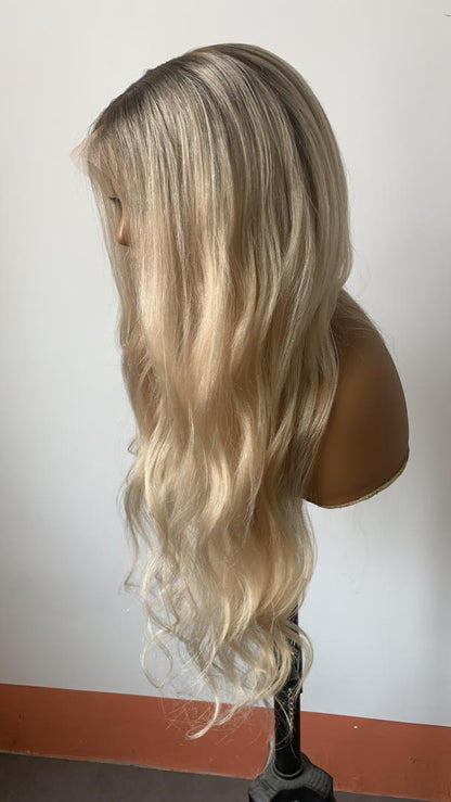 Custom Full Lace Glueless European Blonde Ombre Wavy Human Hair Wig