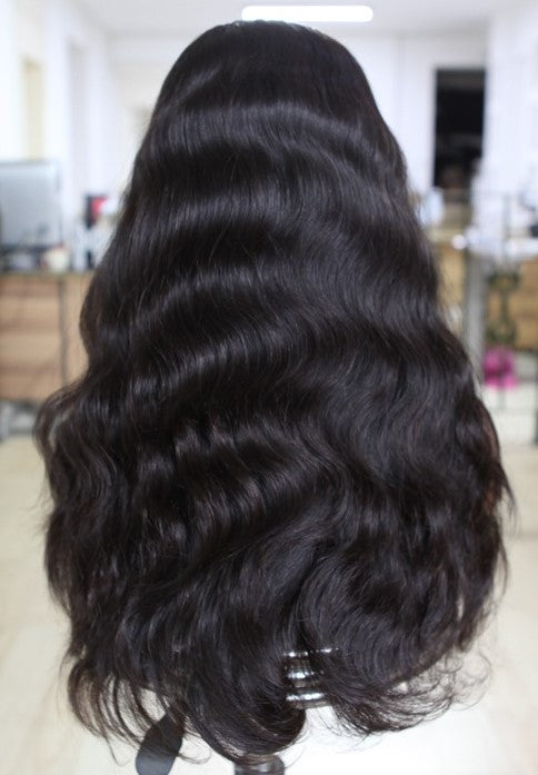 Custom Full Lace Glueless European Black Body Wave Double Drawn Human Hair Silk Top Wig